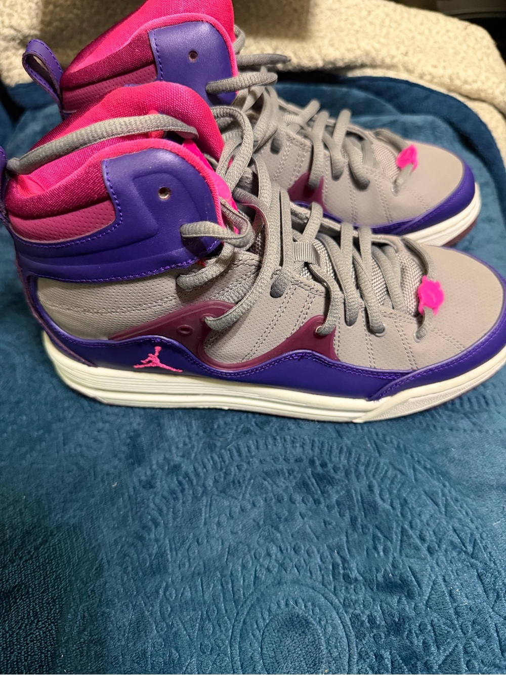 Jordan Youth High-Top Sneakers in Gray, Purple & Pink